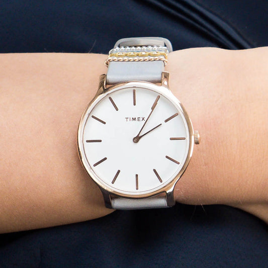 Timex Women's Gray Leather Watch, White Dial | Tw2t45400