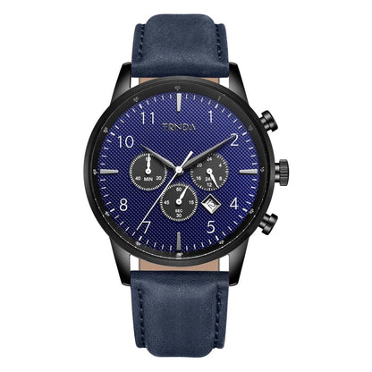 Trnda Men's Black Stainless Steel Watch, Blue Leather Band | Trn-43dbl