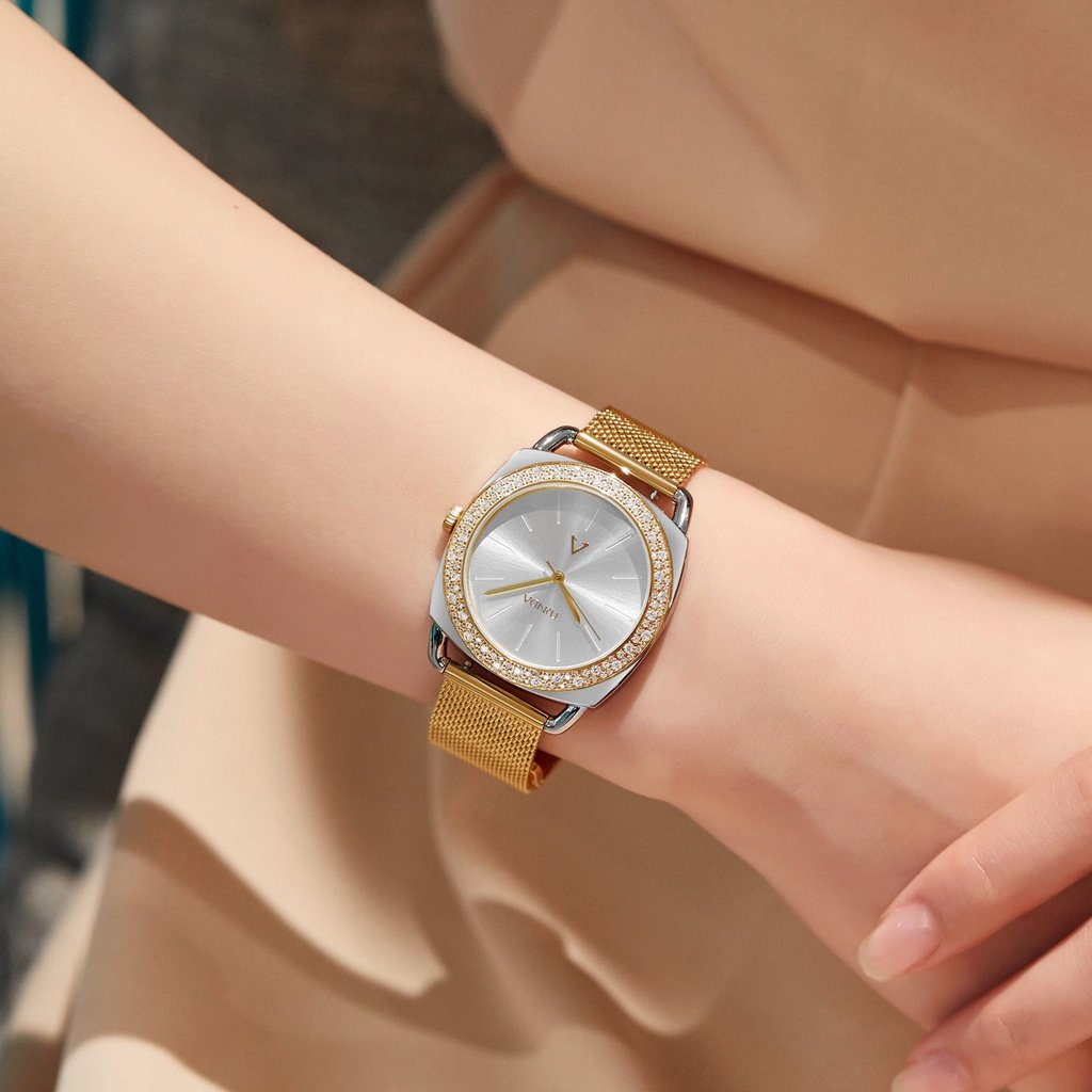 Trnda Women's Stainless Steel Gold Mesh Watch, Silver Dial | Trnda-35.8