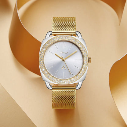 Trnda Women's Stainless Steel Gold Mesh Watch, Silver Dial | Trnda-35.8